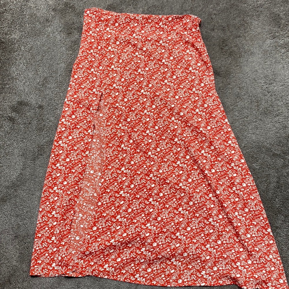 Red floral floor length skirt with side slit
